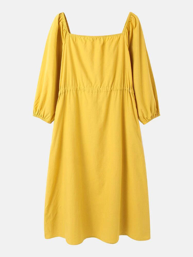 deanwangkt Women Cotton Square Collar Drawstring Waist Elegant Midi Dress with Side Pockets - Deanwangkt