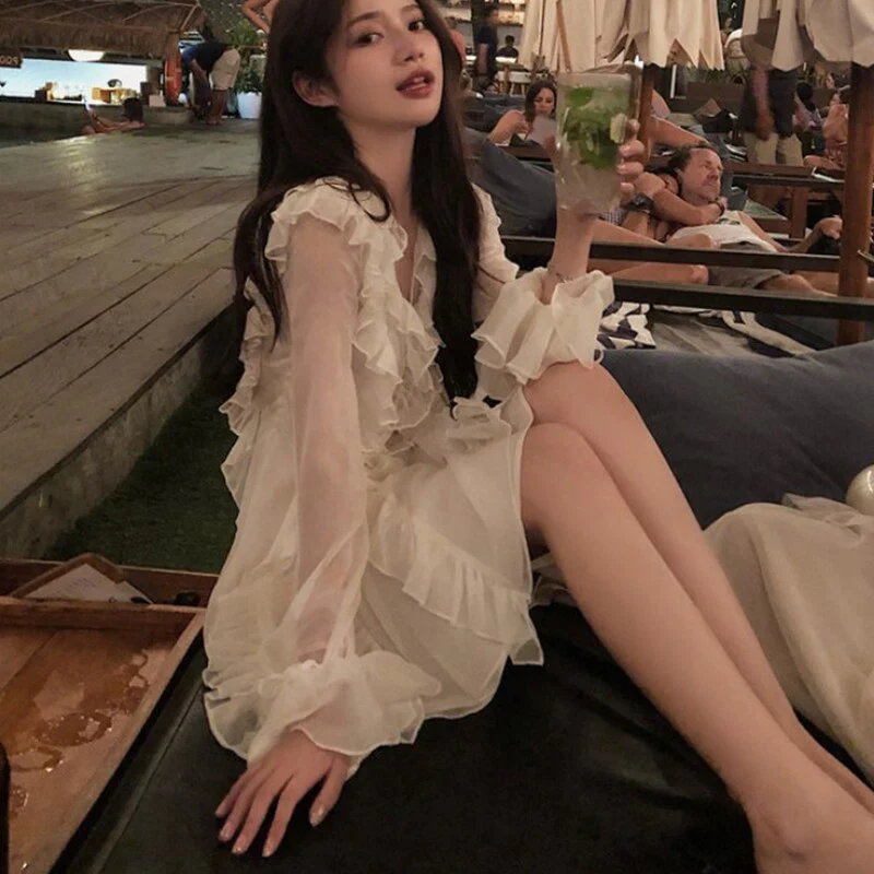deanwangkt  Women Summer Fairy V Neck White Dress Mini Female Sweet Ruffles Casual Clothes Boho Short Chiffon Elegant Holiday Beach Dresses - Deanwangkt
