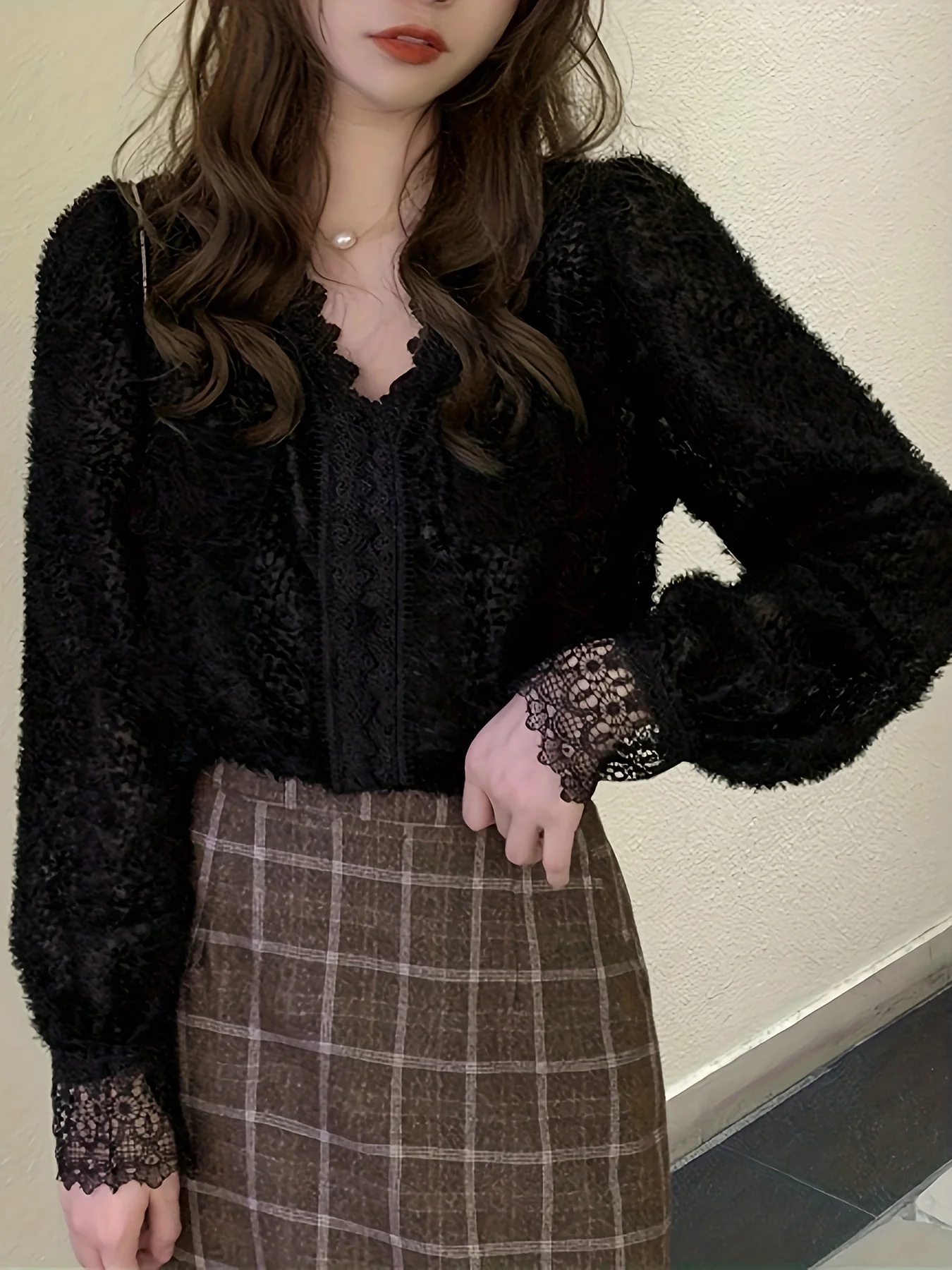 deanwangkt  Contrast Lace V Neck Blouse, Casual Long Sleeve Blouse For Spring & Fall, Women's Clothing - Deanwangkt