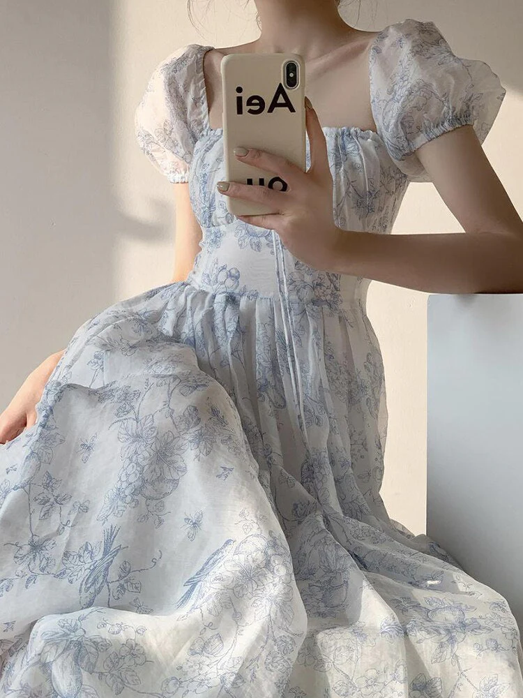 Joskka Blue Floral Print Dress Women Summer Puff Sleeve Off Shoulder Long Dresses French Style Elegant Lace-up Fairycore Holiday Dress - Deanwangkt
