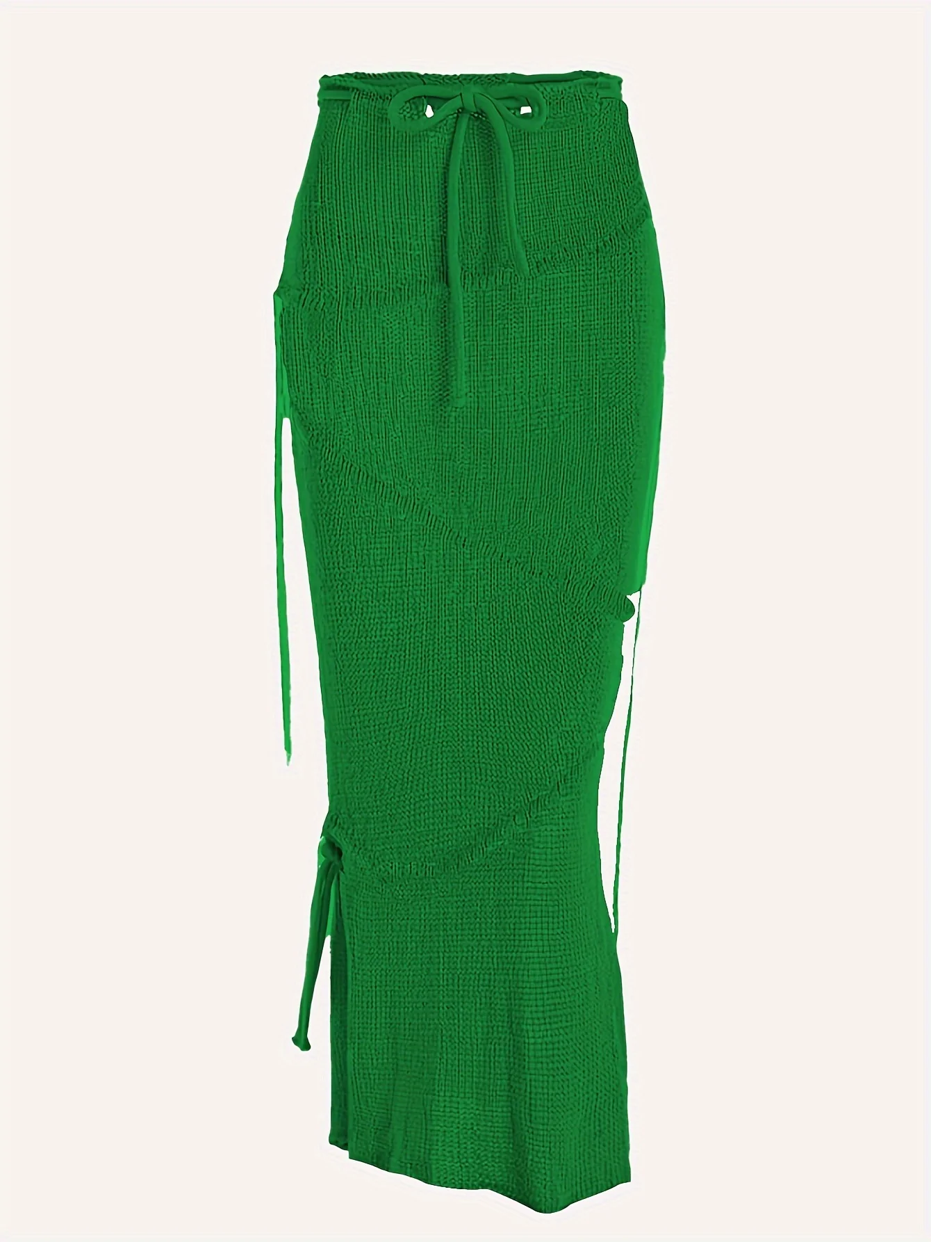 deanwangkt  Solid Knitted Drawstring Waist Side Shirring Skirt, Casual Asymmetrical Ankle Skirt . Women's Clothing - Deanwangkt