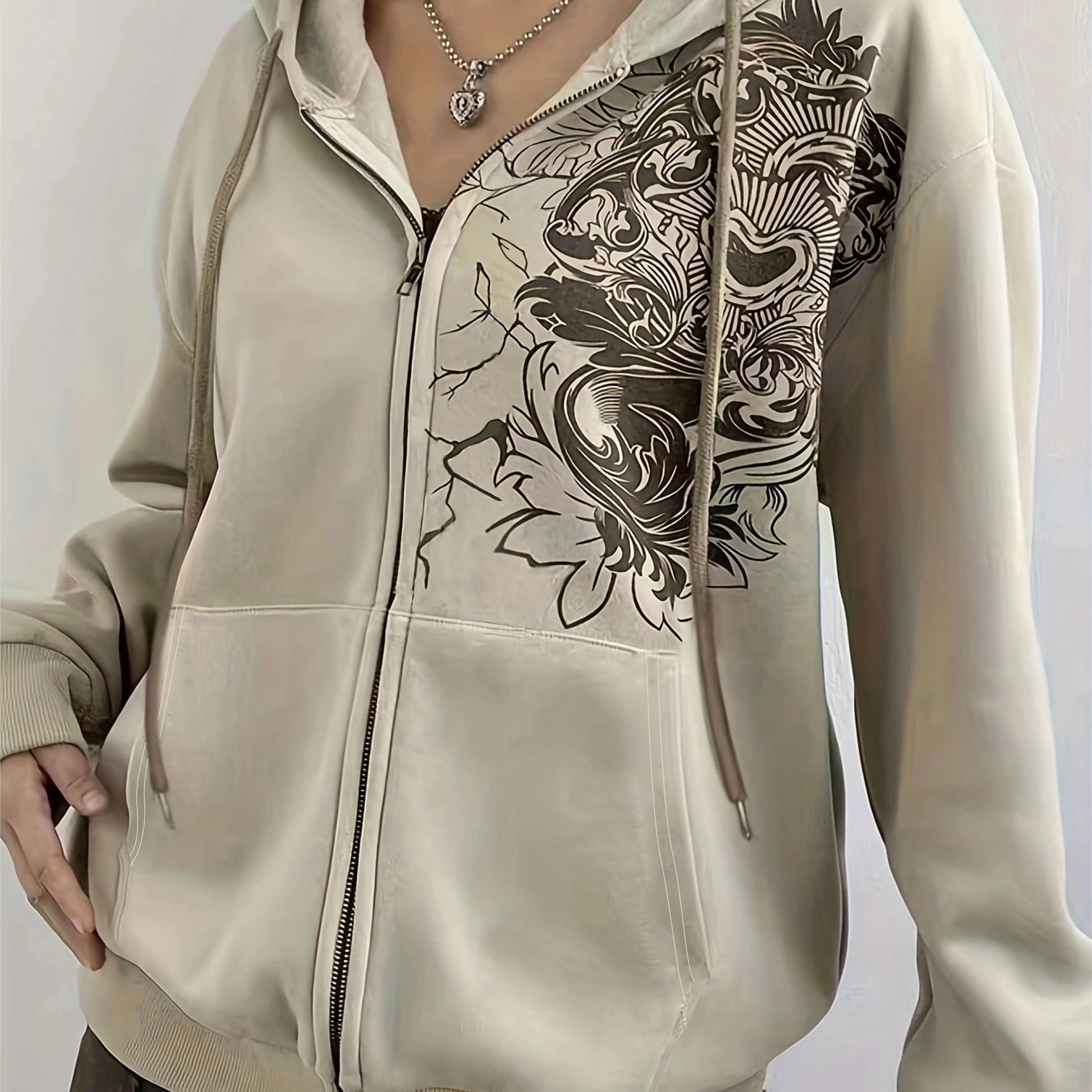 Graphic Print Zip Up Pocket Hoodie, Y2K Long Sleeve Drawstring Hoodies Sweatshirt, Women's Clothing - Deanwangkt