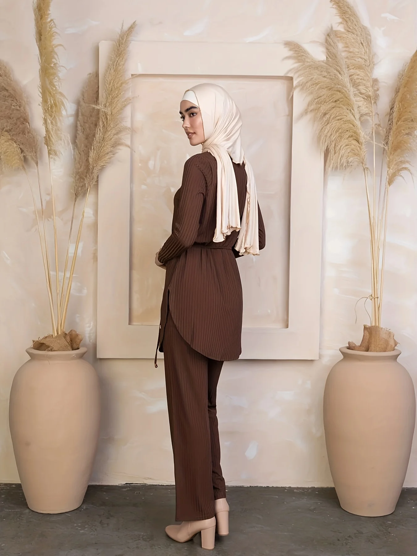 Casual Ribbed Knit Two-piece Set, Curved Hem Long Sleeve Top & Straight Leg Pants Outfits, Women's Clothing - Deanwangkt