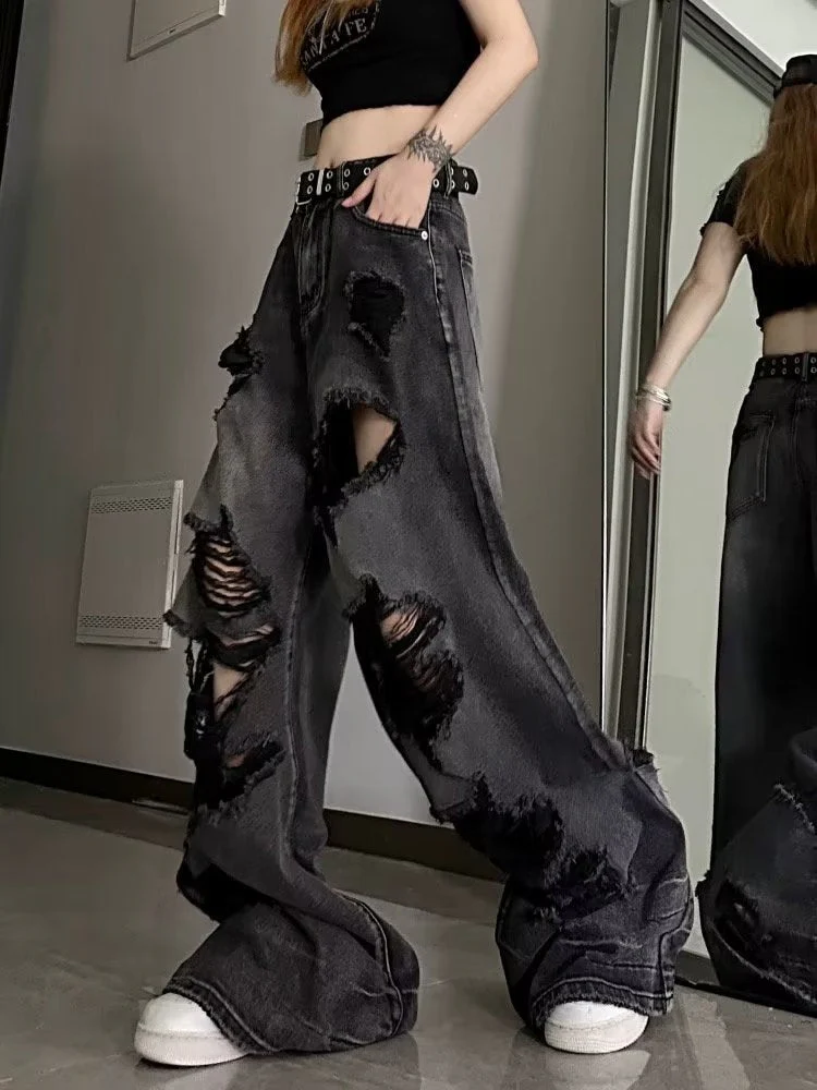 deanwangkt Niche Design Jeans, High Street Heavy Industry Wide Leg Pants, High-end Floor Length Pants, Trendy Brand Women's Jeans - Deanwangkt