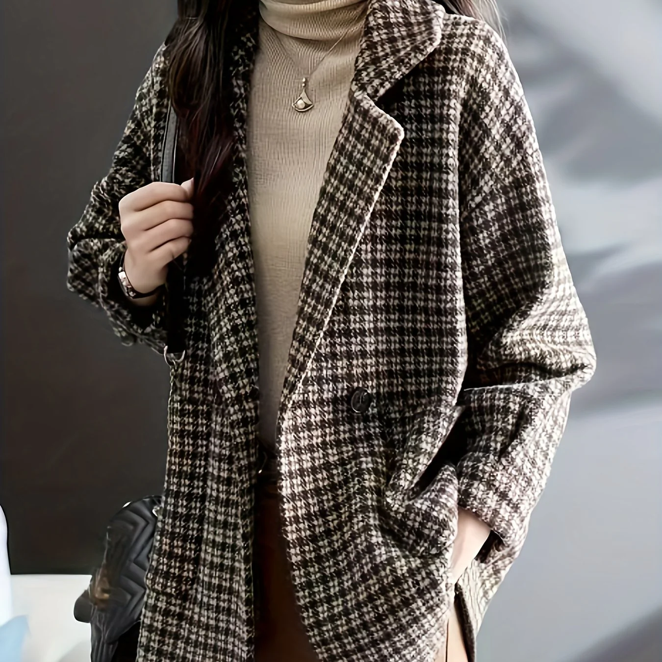 Plaid Lapel Coat, Casual Open Front Long Sleeve Versatile Outerwear, Women's Clothing - Deanwangkt