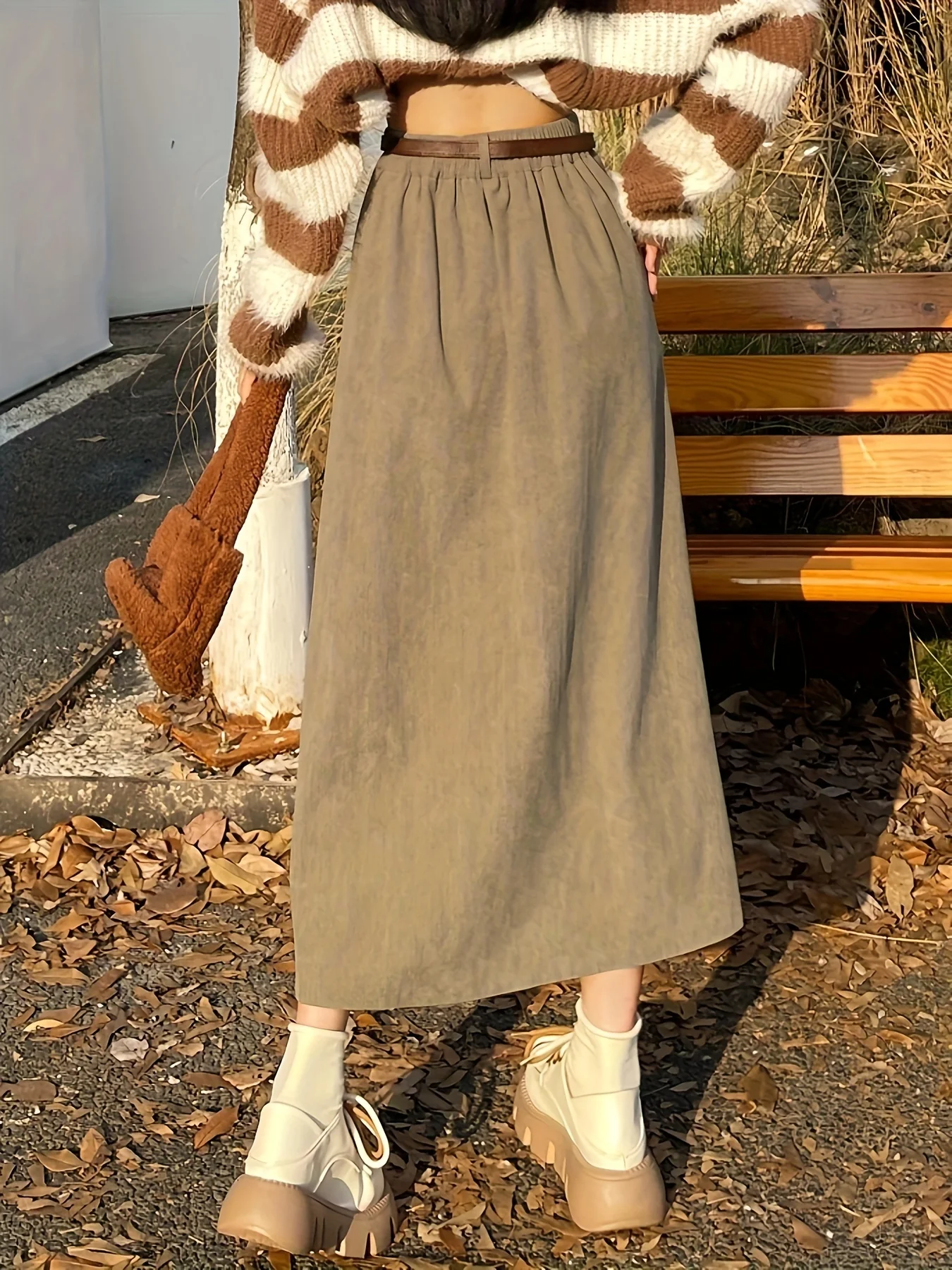 deanwangkt  Solid Flared Skirt, Casual High Waist Midi Skirt With Belt, Women's Clothing - Deanwangkt