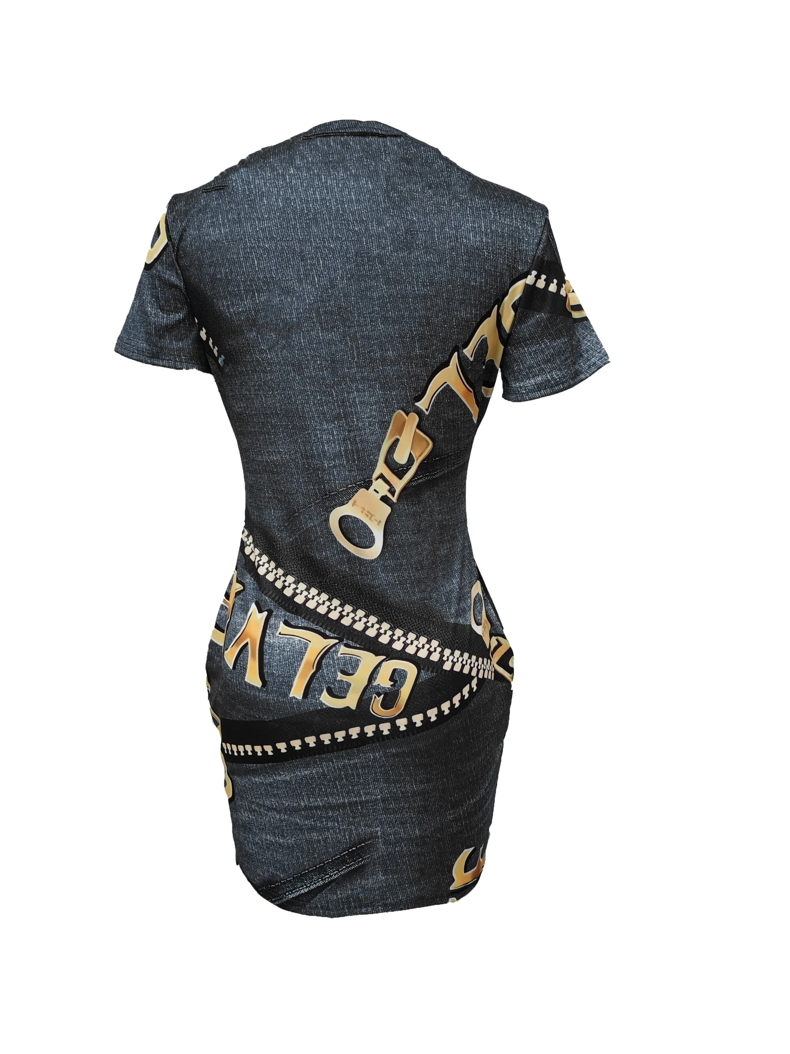 deanwangkt-1 V-neck Zipper Print Slim Dress, Casual Short Sleeve Waist Summer Bodycon Dresses, Women's Clothing - Deanwangkt