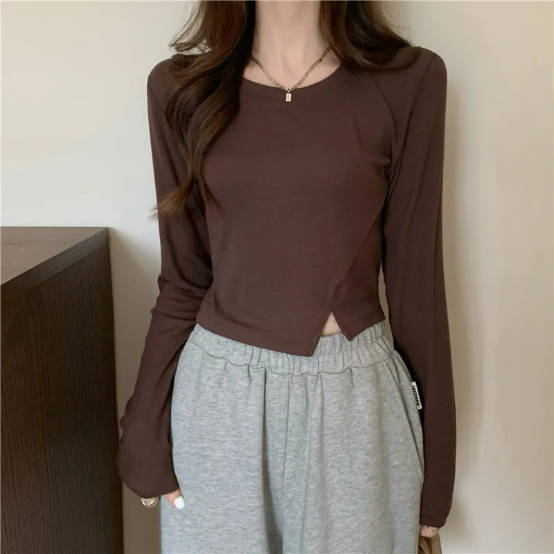 deanwangkt New Spring Fashion Y2K T-shirt Woman Vintage Long Sleeve Tee Shirt Femme Basic Solid Crop Top Women Solid Sexy Clothes Tshirt - Deanwangkt