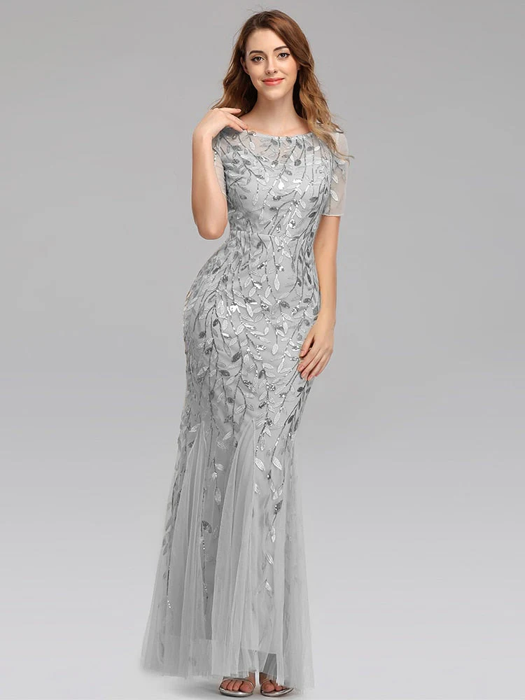 Plus Size Evening Dresses Mermaid O Neck Short Sleeve Lace Appliques Tulle Long Party Gown Robe Soiree Sexy Formal Dress vestido - Deanwangkt