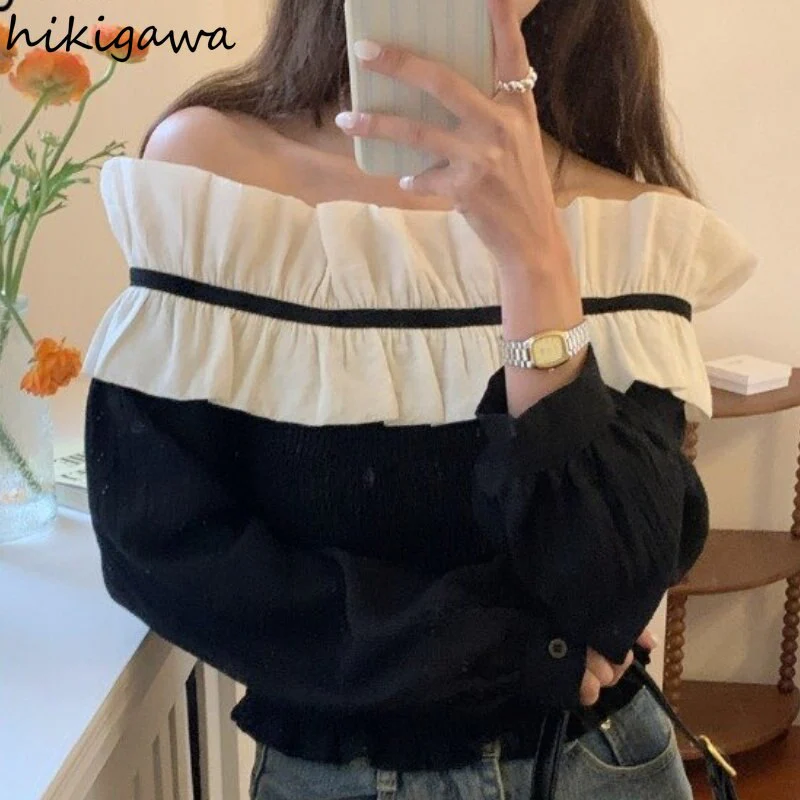 deanwangkt Blusas De Mujer Sexy Slash Neck Blouse for Women Temperament Tops Female Fashion Ruffles Slim Sweet Korean Blouses Shirt - Deanwangkt