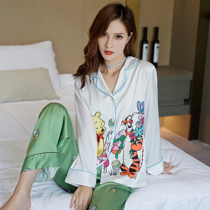 Women's Pajamas Set Luxury Style Cute Animal Print Sleepwear Silk Like Nightie Home Clothes Nightwear Pyjamas Femme - Deanwangkt