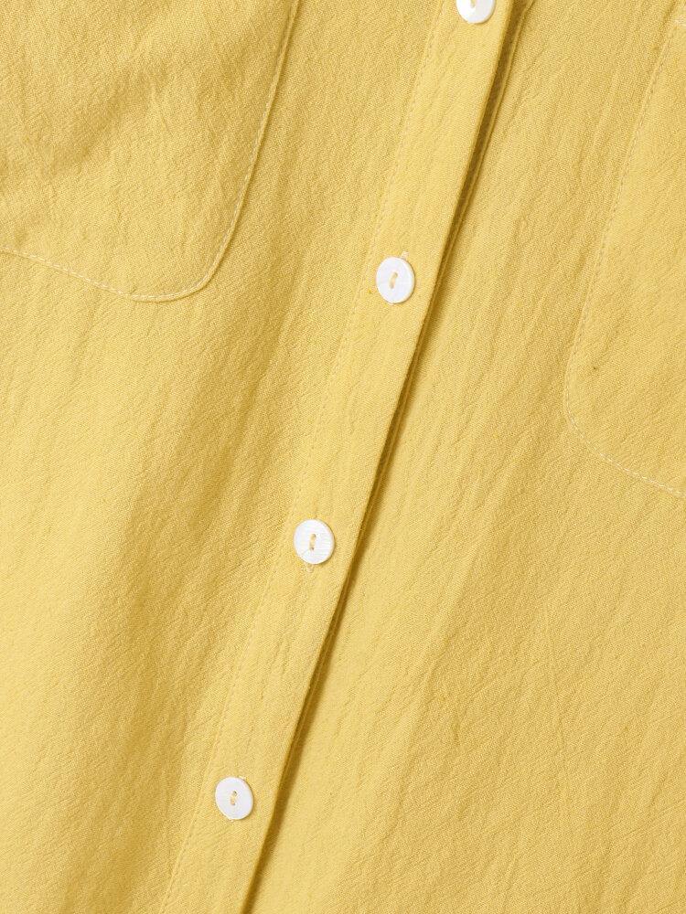 deanwangkt Women Mustard Yellow V-neck Front Pocket Design Long Sleeve Casual Shirts - Deanwangkt