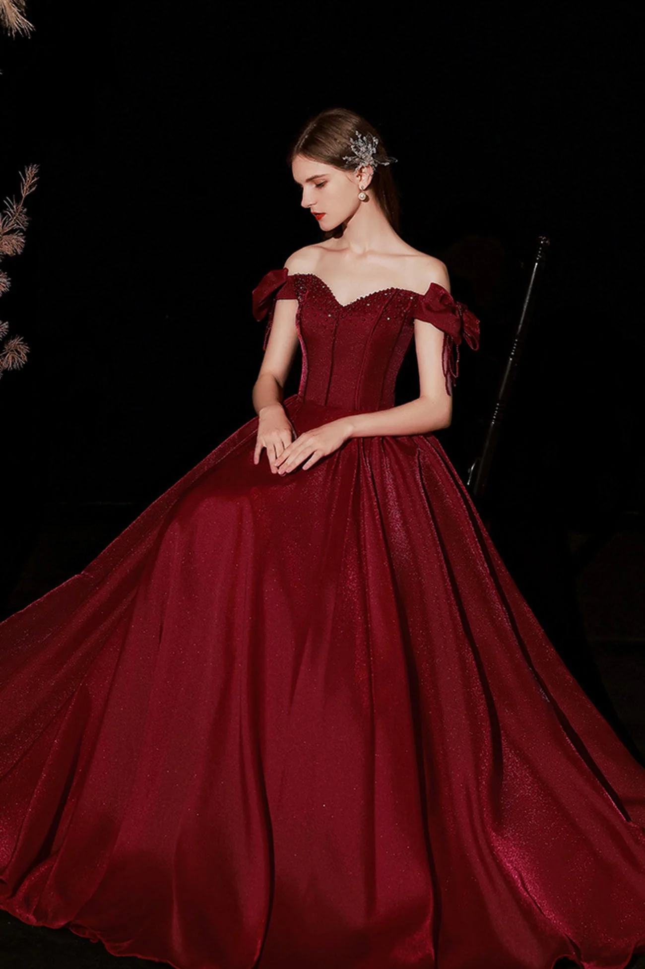 solvbao Burgundy Satin Long Prom Dresses, A-Line Off the Shoulder Formal Dresses - Deanwangkt