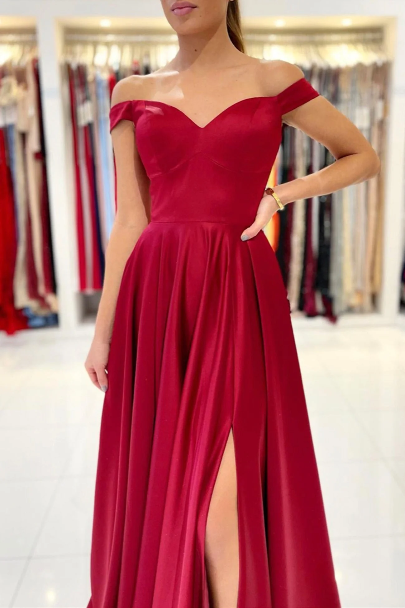 solvbao Burgundy Satin Long Prom Dresses, A-Line Off the Shoulder Evening Dresses - Deanwangkt