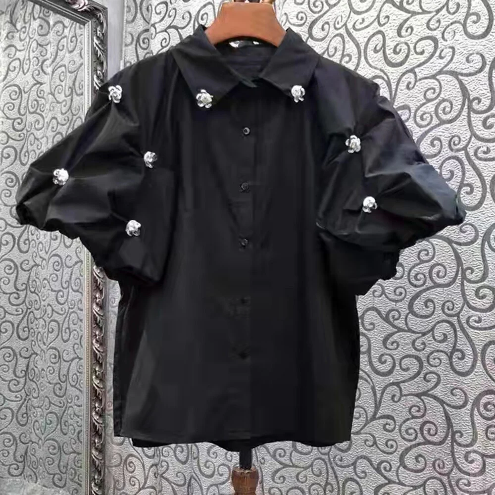 deanwangkt Patchwork Floral Shirt For Women Lapel Puff Sleeve Loose Color Block Button Through Blouse Female Fashion Clothing - Deanwangkt