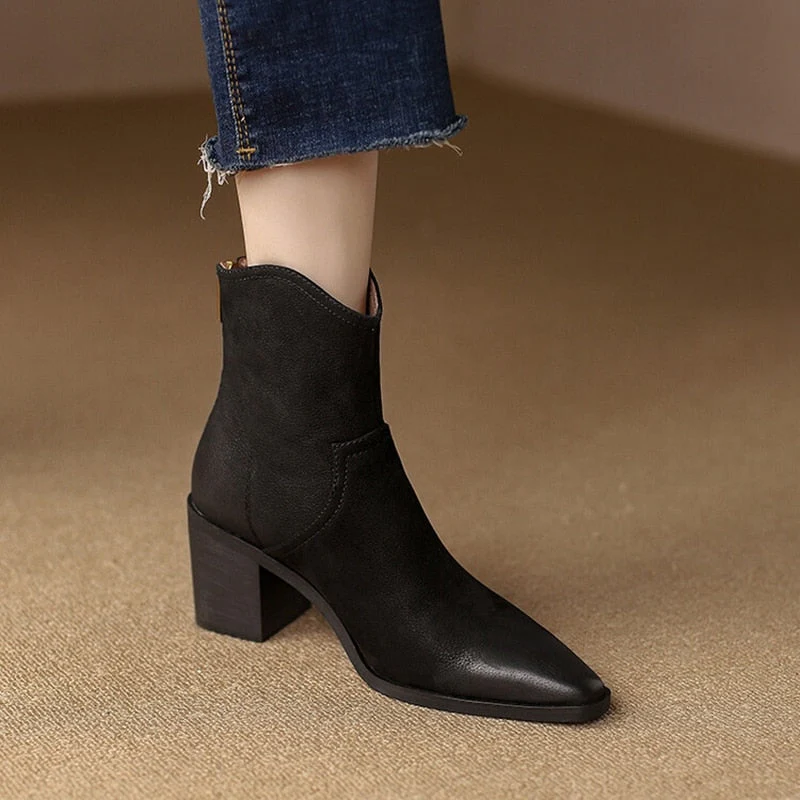 deanwangkt Autumn Shoes    NEW Fall/Winter Women Shoes Pointed Toe Chunky Heel Boots Genuine Leather Black Boots for Women Fashion Hight Heel Modern Boots - Deanwangkt