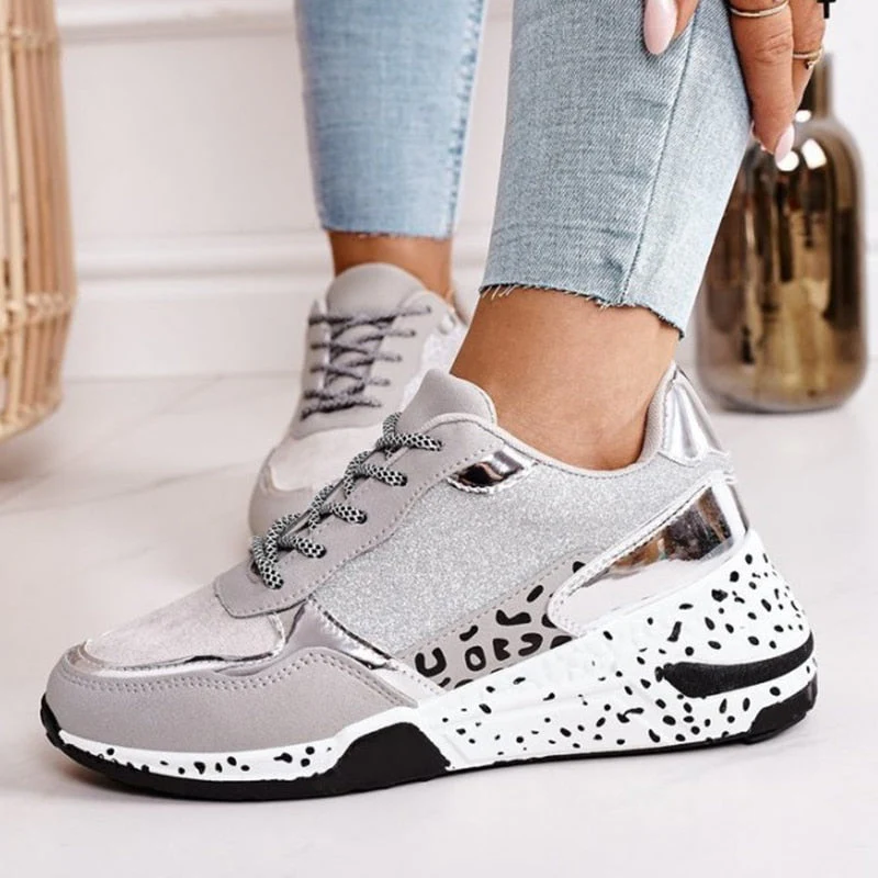 deanwangkt Women's Sneakers Platform Casual Shoes Women Vulcanize Shoes Leopard Ladies Running Shoes Sport Silver Lace-Up Female Sneakers - Deanwangkt