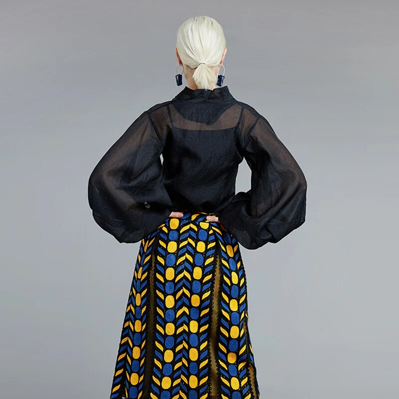 deanwangkt See Through Black Blouse For Women Stand Collar Lantern Long Sleeve Casual Loose Shirt Female Fashion New Spring - Deanwangkt