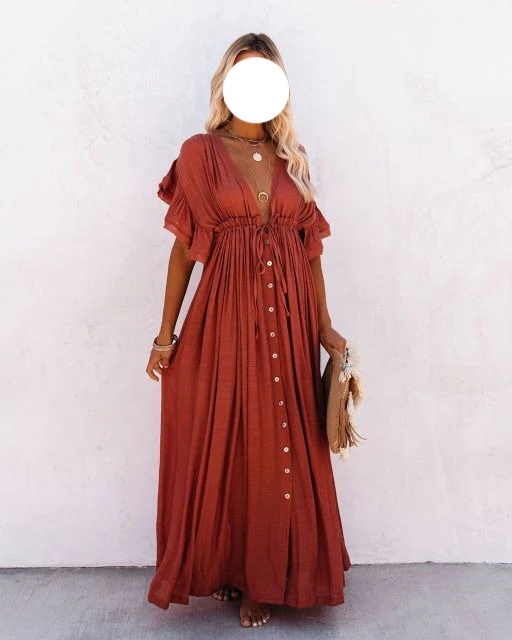 deanwangkt  Summer Beach Maxi Dress Women Pleated Drawstring High Waist Long Dress Solid Boho Casual V-Neck Sexy Party Dresses - Deanwangkt