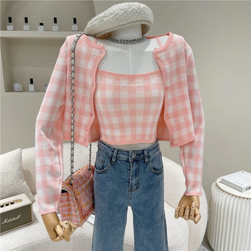 deanwangkt Vintage Sweet Plaid Kintted 2 Piece Sets Women Spring Autumn Single Breasted Long Sleeve Sweater Coat+Elastic Slim Sexy Crop Top - Deanwangkt
