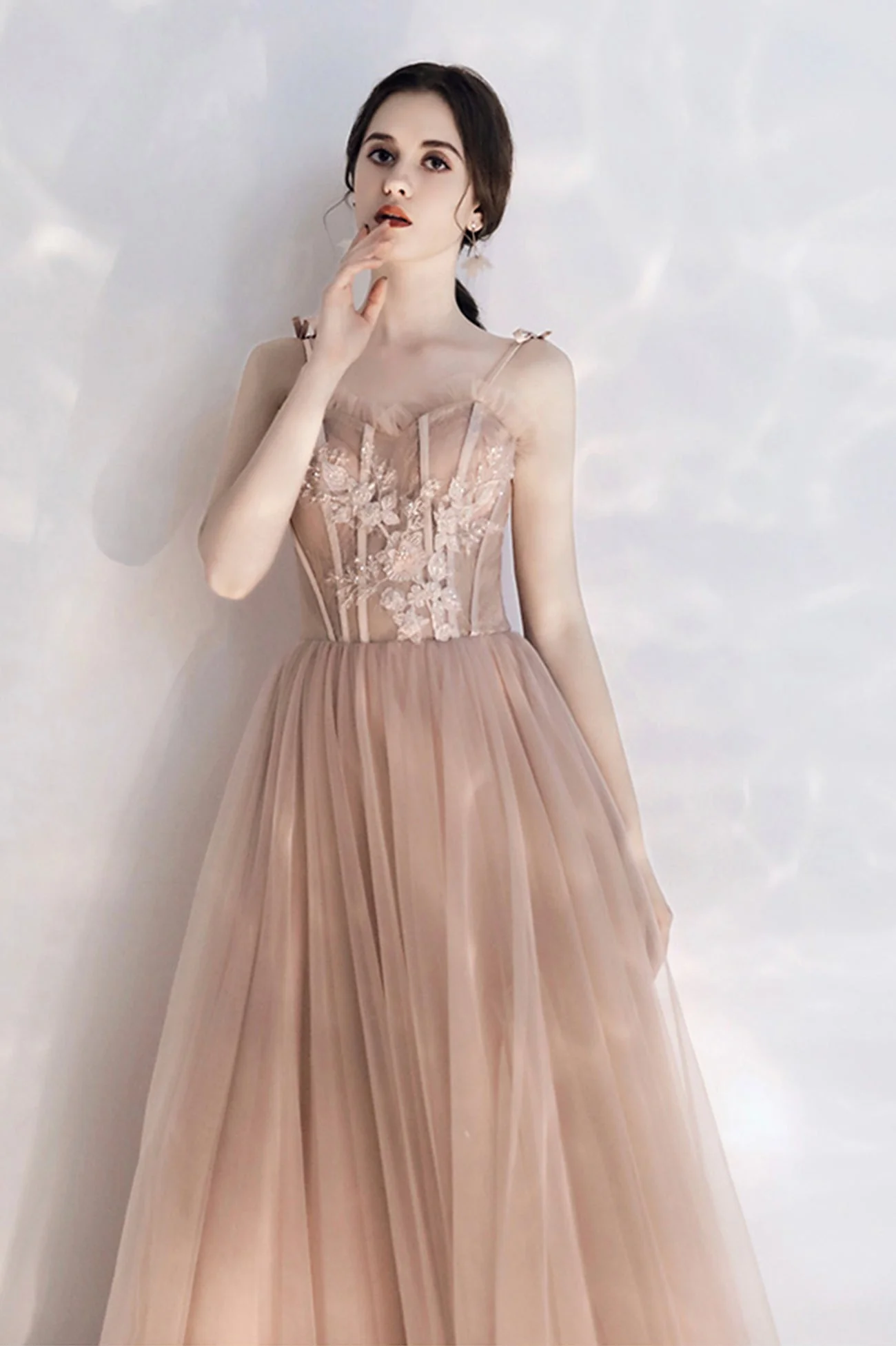solvbao Pink Spaghetti Lace Long Prom Dresses, Cute A-Line Graduation Dresses - Deanwangkt