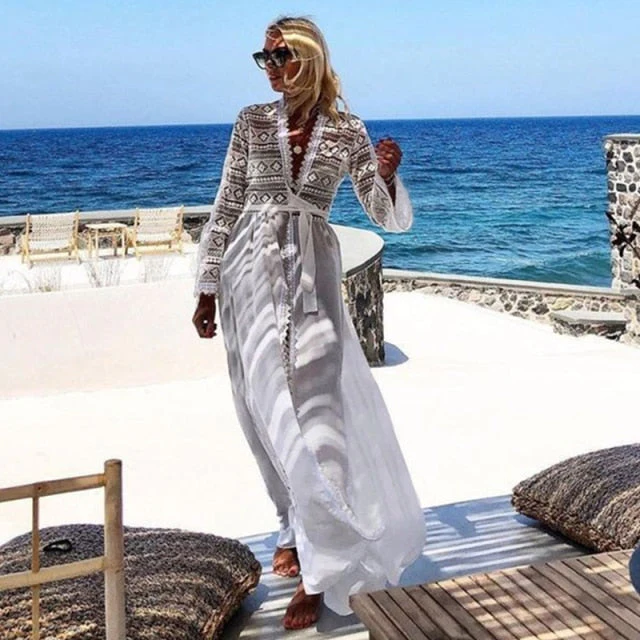 Sexy Lace Chiffon Beach Dress Women Bikini Swimsuit Cover Up Long Beach Dress Tunics Long Sleeves Beach Cover Up Robe De Plage - Deanwangkt