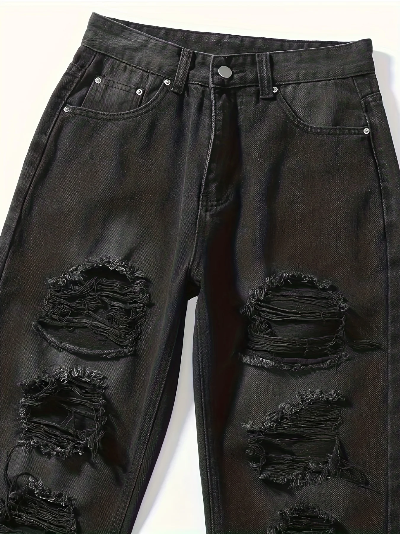deanwangkt  Plain Ripped Holes Straight Jeans, Loose Fit Distressed Slant Pockets Denim Pants, Women's Denim Jeans & Clothing - Deanwangkt