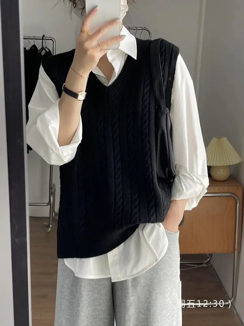 deanwangkt V Neck Knitted Vest Sweater Sleeveless Women Khaki Casual Pullover Black Autumn Winter Gray Jumper Fashion - Deanwangkt