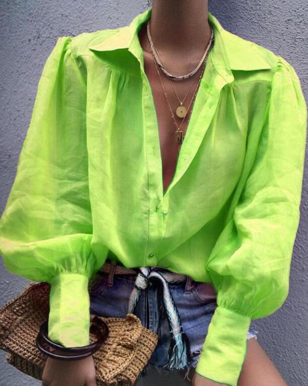 deanwangkt Women Blouses  Autumn Office Lady Colorful Shirts Lantern Sleeve Buttons Pink White Blue Orange Blouse Tops - Deanwangkt