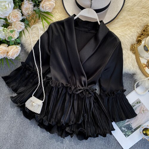 New Women Blouse V-neck Poplin Three Quarter Flare Sleeves Slim Blouse Ladies Casual Flounced Solid Draped Shirt Tops - Deanwangkt