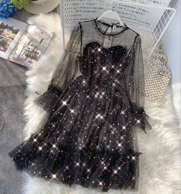 New Female O-neck Stars Sequined Mesh Shiny Fairy Dress Women Elegant Bling Gauze Princess Puff Dresses Vestidos De Fiesta - Deanwangkt