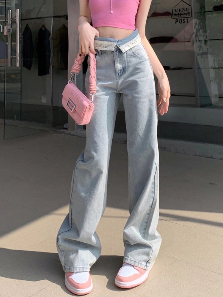 deanwangkt High Waist Vintage Jeans For Women  Casual Loose Curl Straight Denim Wide Leg Pants Streetwear Y2k Woman Jeans - Deanwangkt