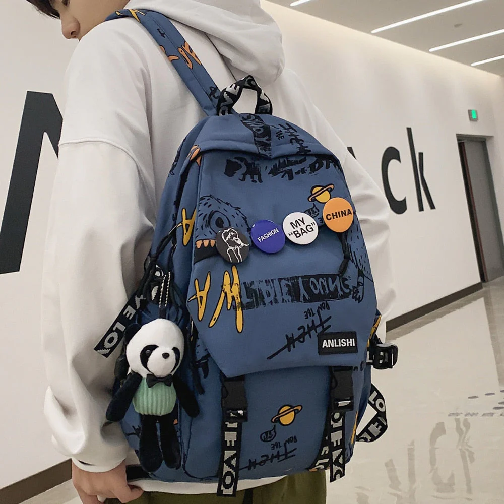 Cool Women Men Graffiti Pattern Trendy Backpack Lady Travel Badge Backpack Harajuku Bag Female Male College Girl Boy Student Bag - Deanwangkt