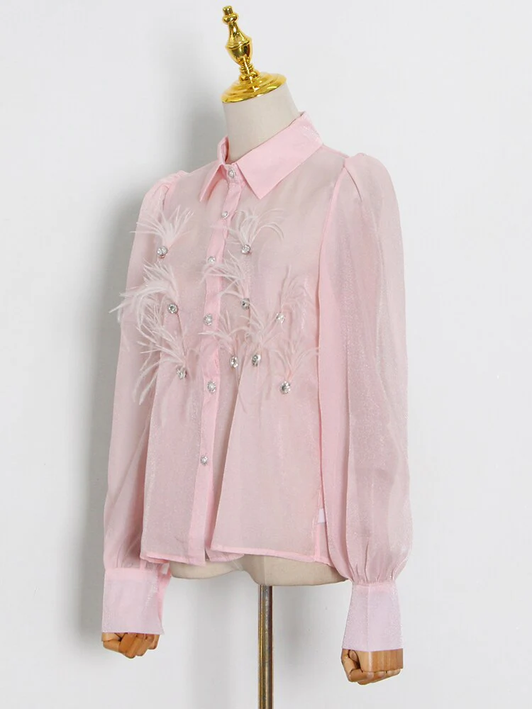 deanwangkt Casual Solid Shirt For Women Lapel Long Sleeve Patchwork Feathers Button Through Blouse Female Fashion Clothing New - Deanwangkt