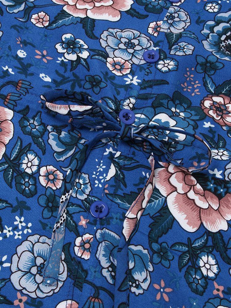 deanwangkt Flower Button Drawstring V-neck Short Sleeve Print Dress For Women - Deanwangkt