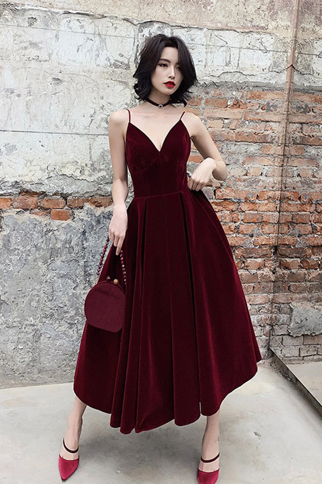 solvbao Burgundy Velvet Short Prom Dresses, A-Line Evening Dresses - Deanwangkt