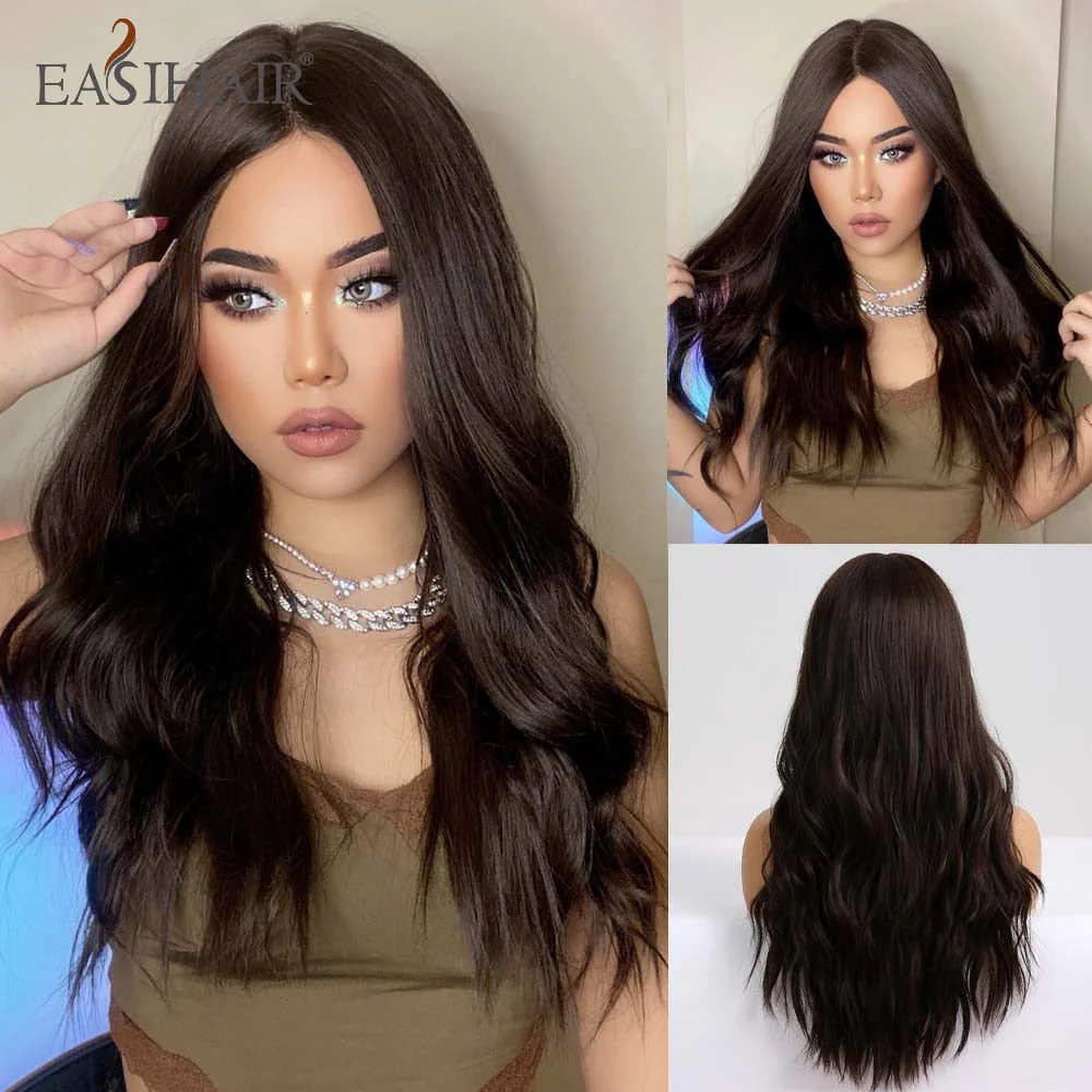 deanwangkt  Long Body Wave Wigs Ombre Black Brown Blonde Synthetic Wig Cosplay Middle Part Natural Heat Resistant Wig For Women - Deanwangkt