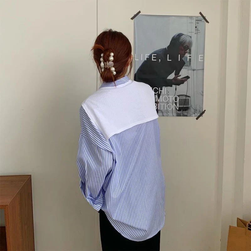 deanwangkt Blouses Shirts Women Blue Striped Elegant Loose Large Size Chic Fashion Scarf Collar New Leisure Womens Shirt Oversized - Deanwangkt