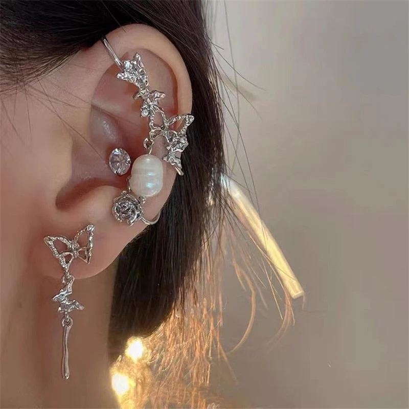 Fashion Korean Delicate Zircon Butterfly Clip Earrings For Women Elegant Pearl Earring No Piercing Cartilage Ear Cuff Jewelry - Deanwangkt