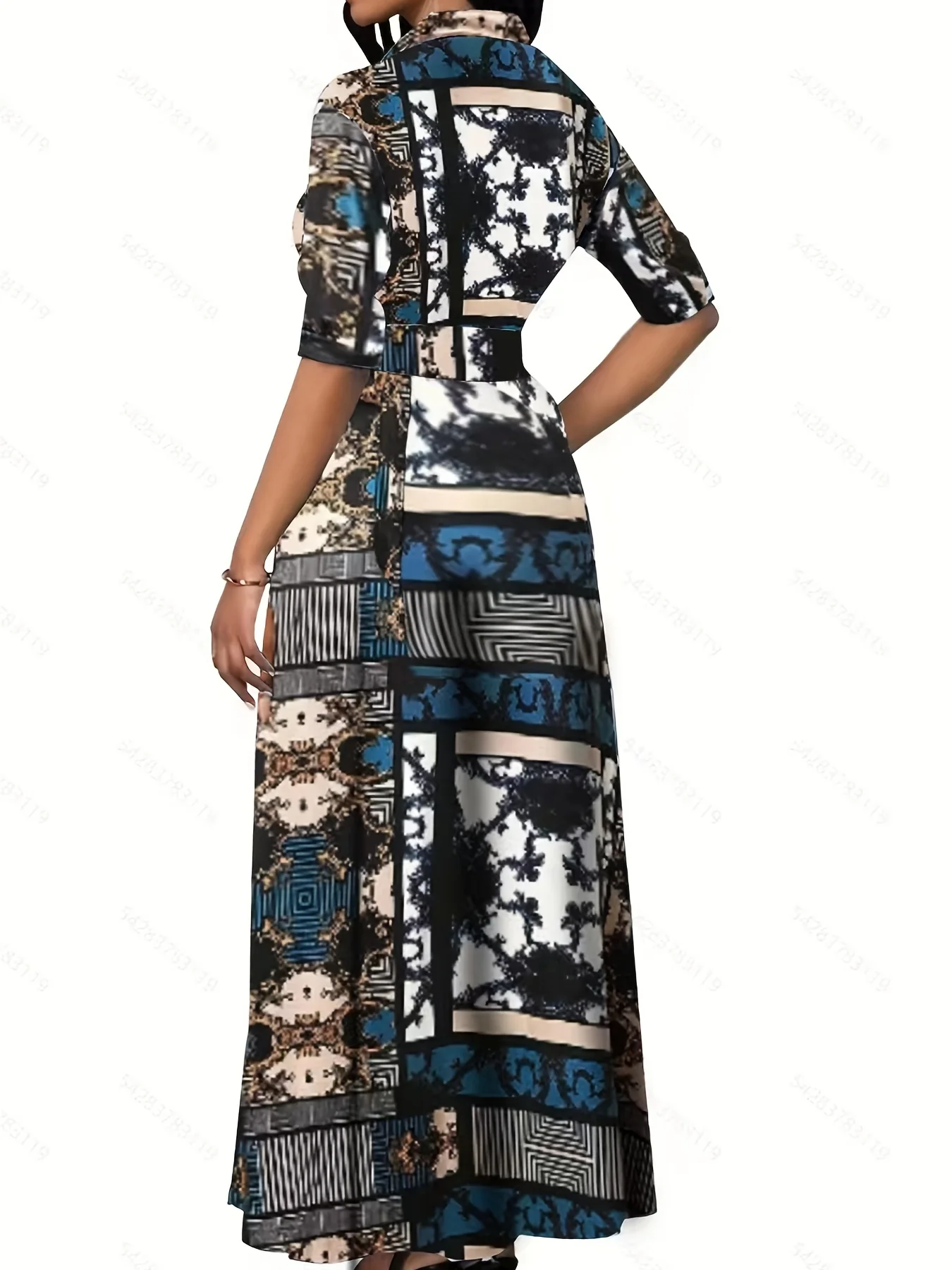 Plus Size Casual Dress, Women's Plus Geometric Print Button Up Long Sleeve Turn Down Collar Maxi Shirt Dress With Pockets - Deanwangkt