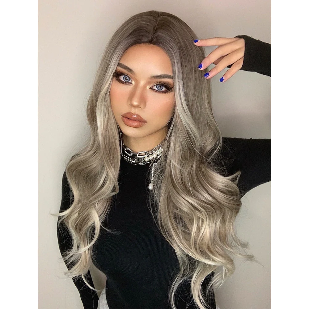 Long Ombre Brown Light Ash Platinum Blonde Wavy Wigs Cosplay Party Synthetic Wig for Women High Temperature Fibre - Deanwangkt