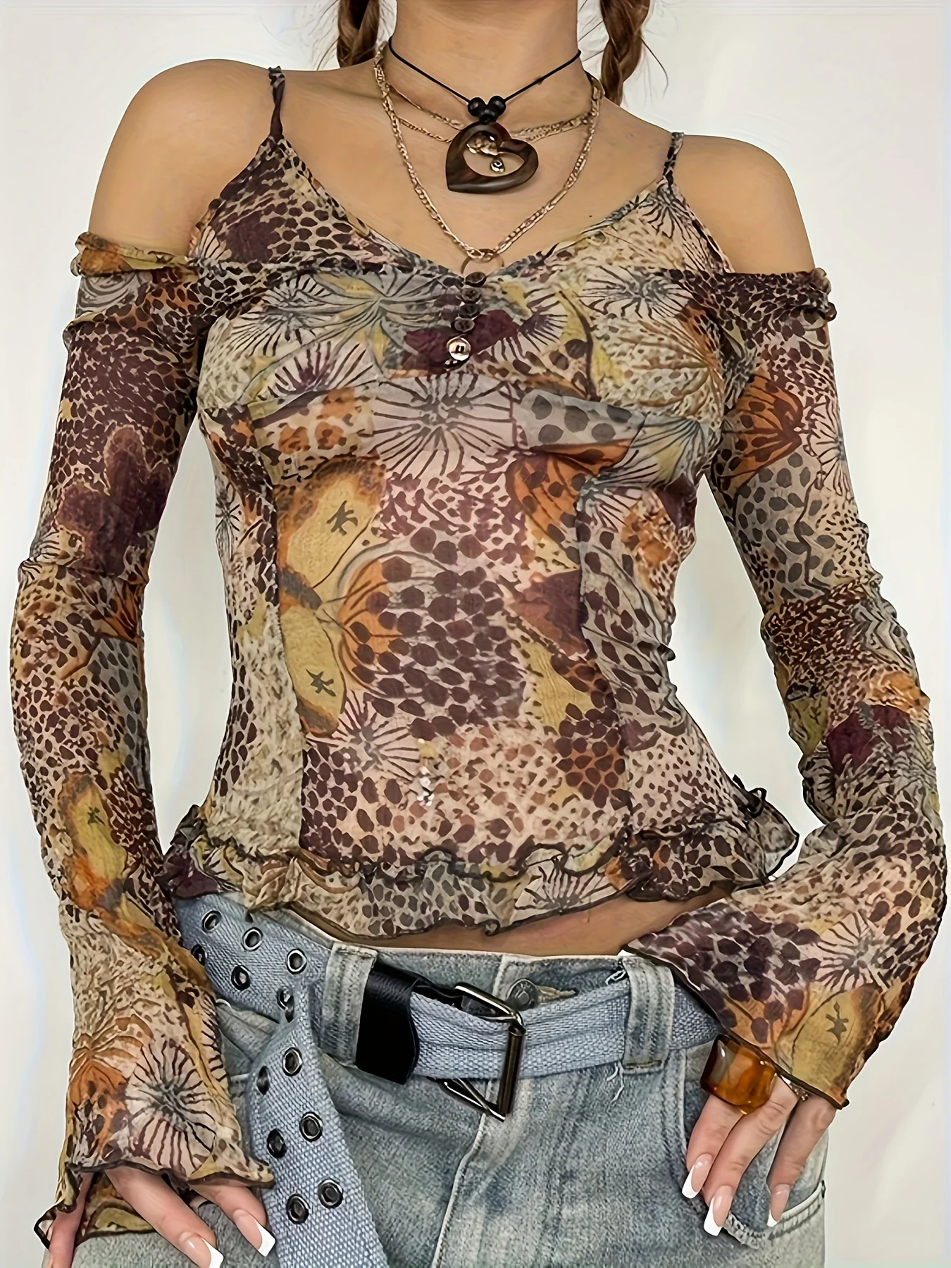 deanwangkt-1 Allover Print Cold Shoulder T-Shirt, Y2K Long Sleeve T-Shirt For Spring & Fall, Women's Clothing - Deanwangkt