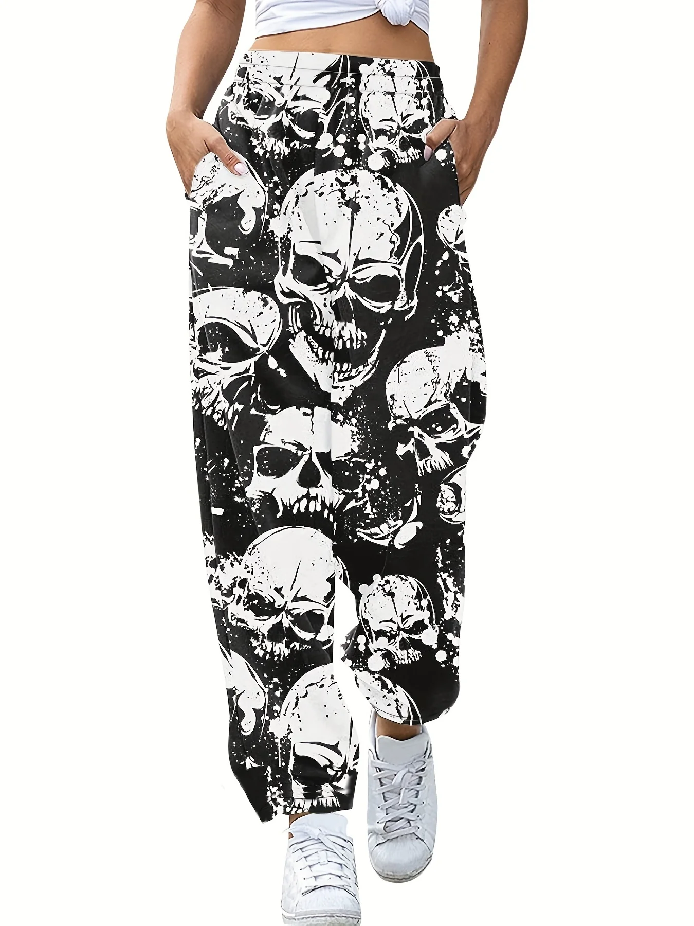 Plus Size Halloween Goth Pants, Women's Plus Allover Skull Print Elastic High Rise Slight Stretch Straight Leg Trousers - Deanwangkt