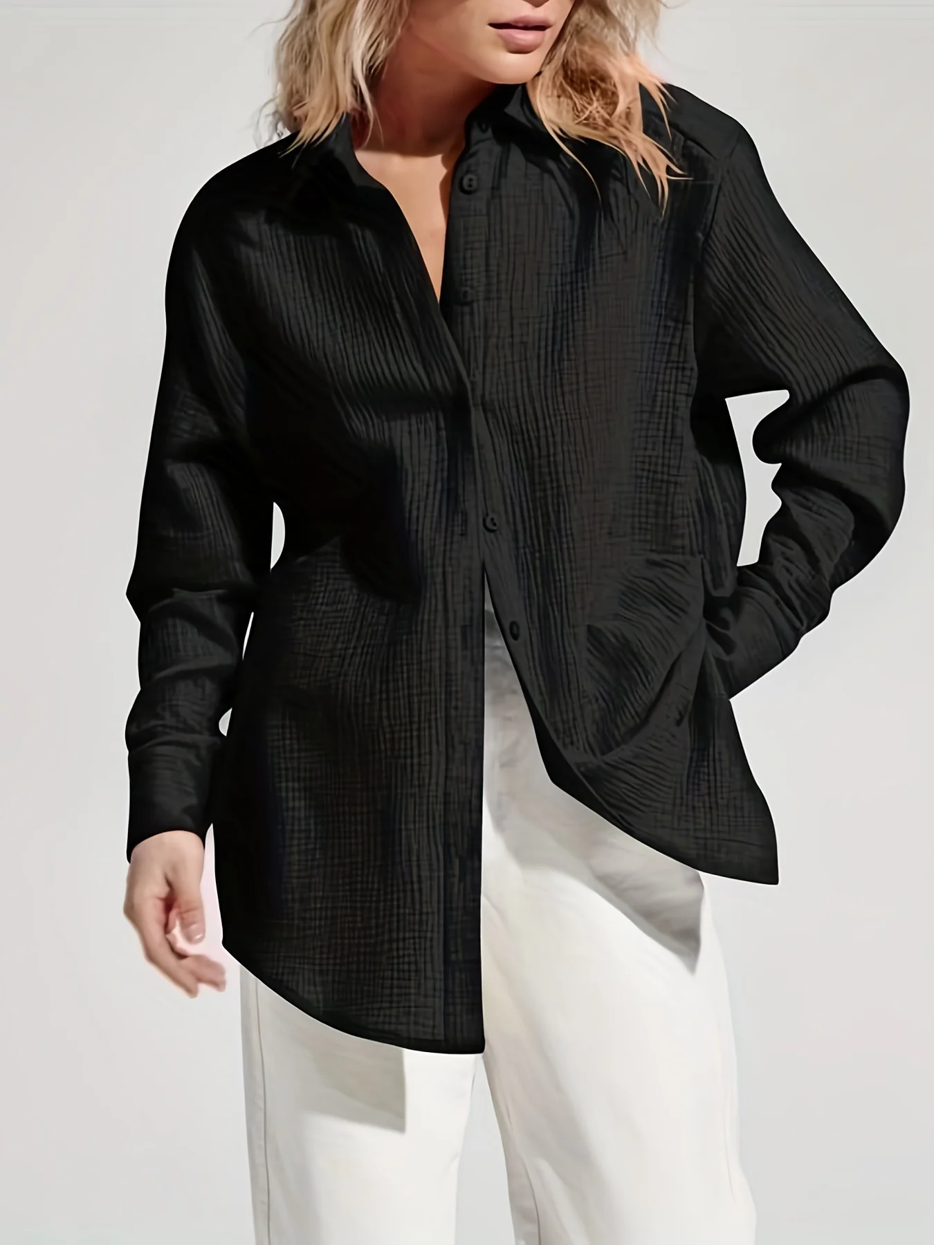 Solid Simple Shirt, Casual Button Front Long Sleeve Shirt, Women's Clothing - Deanwangkt