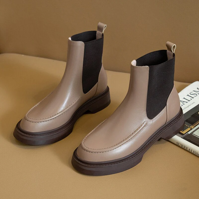 deanwangkt Autumn Shoes     Retro British Style Slip-On Chelsea Boots Genuine Leather Women's Boots Fashion Ankle Boots Round Toe Flat with Women Shoes - Deanwangkt