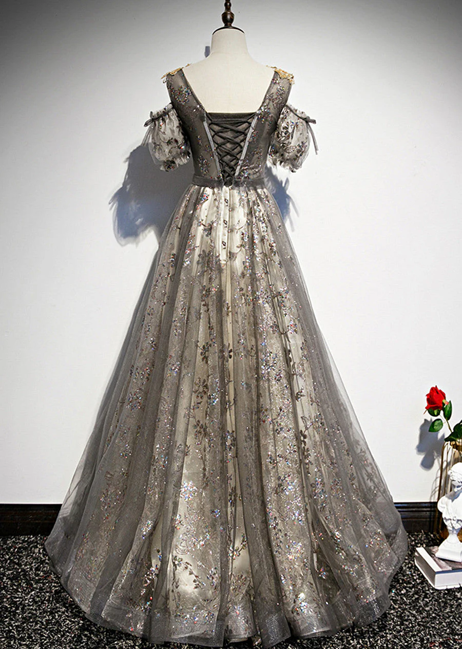 Solvbao Grey Purple V-neckline Tulle with Lace Prom Dress, Off Shoulder A-line Party Dress - Deanwangkt