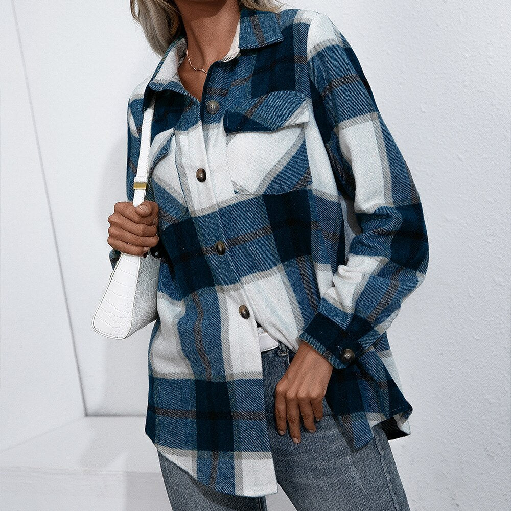 deanwangkt  Spring Autumn Women Coats Casual Loose Vingage Long Sleeve Shirts Turn-down Collar Single Breasted Outerwear Plaid Jackets - Deanwangkt