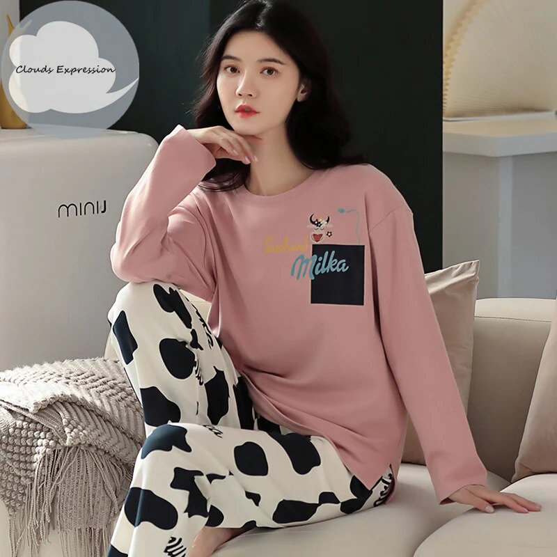 Spring Autumn Women's Sleep Lounge Pajama Long Sleeved Woman Pajama Set Cartoon Pyjamas Cotton Sleepwear M L XL XXL XXXL Fashion - Deanwangkt
