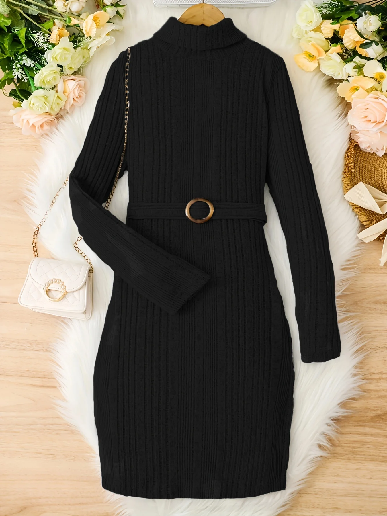 Teen Girls Rib Knitted Warm Bodycon Sweater Dress With Belt - Deanwangkt