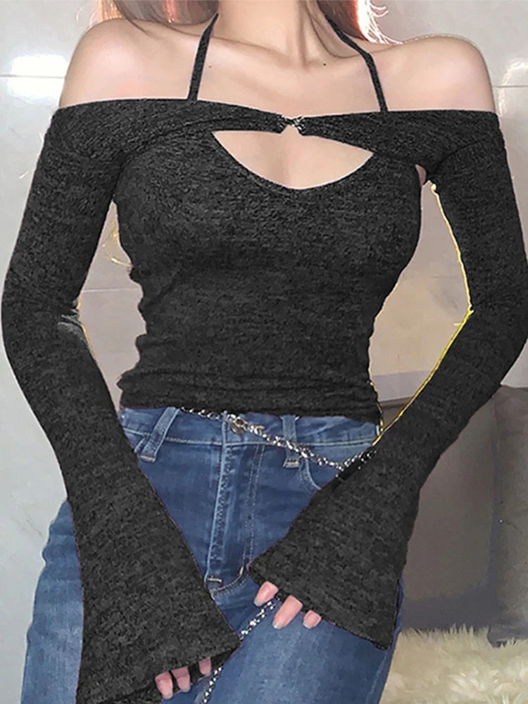 Wenkouban Graduation Gifts Y2K Top Women Long Sleeve T-Shirts 2 Piece Tops Halter Tanks Backless Crop Top Off Shoulder Tees Sexy Christmas Clothes - Deanwangkt